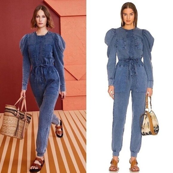 Ulla Johnson Indigo Acid Blue Sadie Puff-Sleeve 6-pocket Banded Cuffs Jumpsuit S - Picture 7 of 13